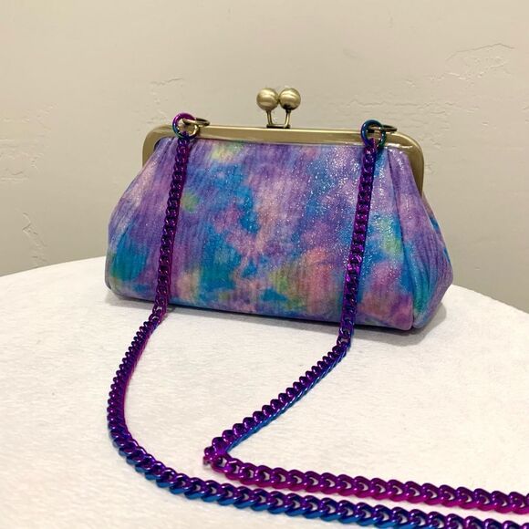 Handmade Genuine Leather Tie-dye Print Kisslock Wristlet/Crossbody & 2 Chains - Picture 1 of 16